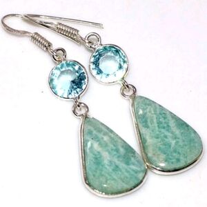 Amazonite, Blue Topaz Gemstone 925 Sterling Silver Drop Dangle Earrings